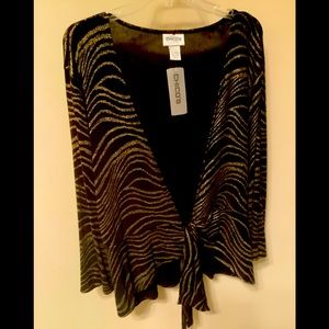 Chico’s tie front jacket, wear with black slacks and a golden sparkly tank.